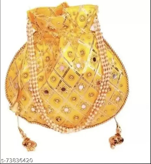 Mirror Embellished Yellow Potli Bag for Women – Festive & Elegant